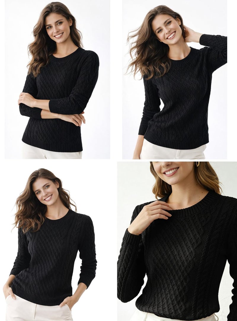 v28 Women Crew Neck Korea Knit Stretchable Elasticity Long Sleeve Sweater Jumper (M, Black) - Image 2
